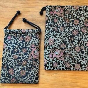 New Silk Floral Pattern Drawstring Pouch Jewelry Makeup Keepsake Set of Two